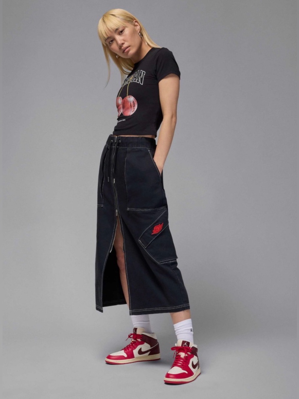 Nike Jordan Rare Air Chicago Black Midi Skirt with Front Slit Size M